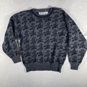 Vintage Method Sweater Mens Large Black Gray 90s AOP Wool Blend Cosby Biggy Crew